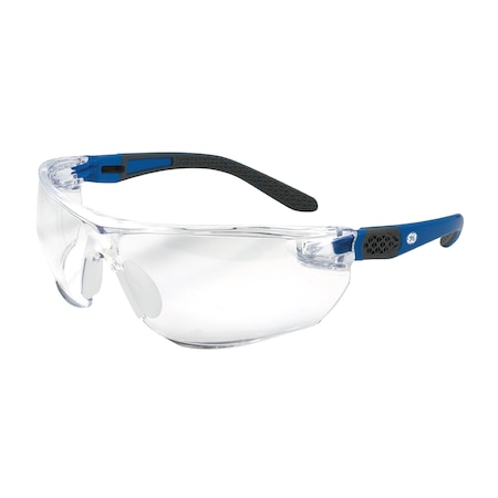 Ge Safety Glasses, Anti-Scratch, Clear Lens, Gray/Blue Frame GE202C
